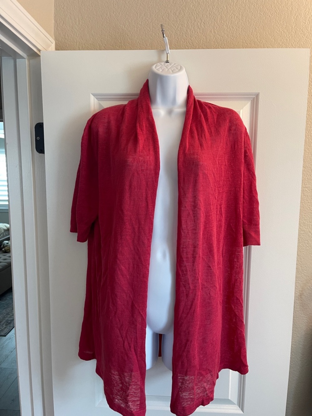 Ann Taylor Open-Front Short-Sleeve Cardigan in Bright Red